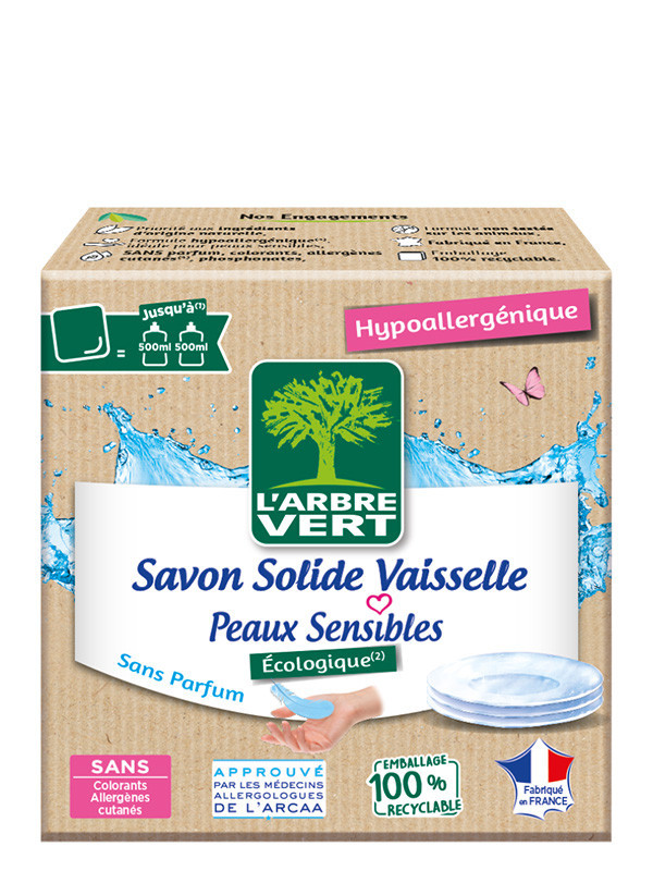 L'ARBRE VERT, Savon Solide Vaisselle Peaux sensibles écologique 125g, Produits vaisselle