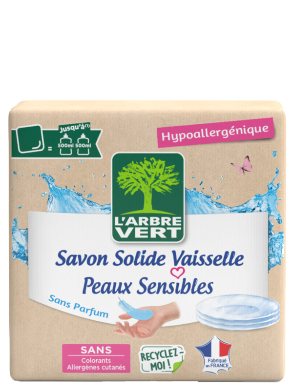 L'ARBRE VERT, Savon Solide Vaisselle Peaux sensibles écologique 125g, Produits vaisselle