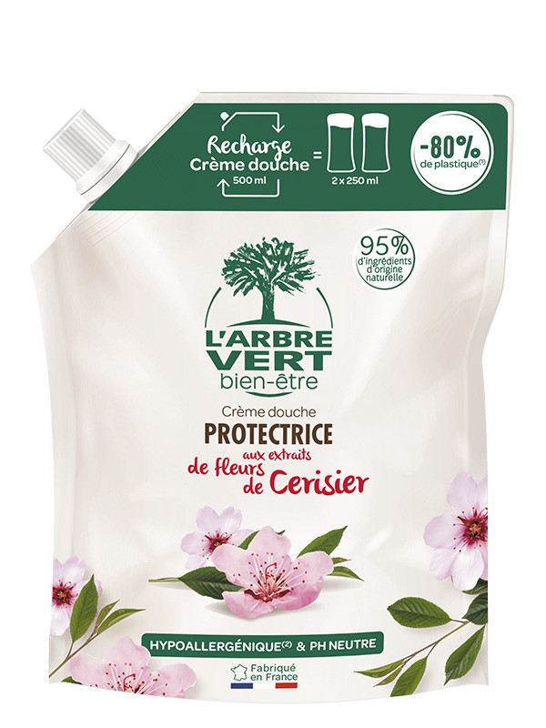 L'ARBRE VERT, Recharge Gel douche écologique Fleurs de Cerisier 500ml, Douches crème