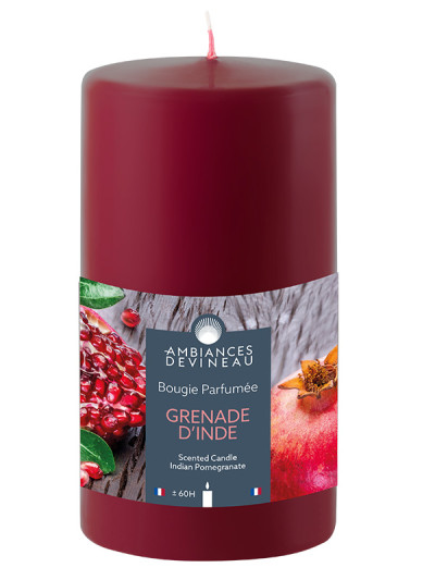Bougie parfumée cylindrique Rouge 60h Grenade d'Inde | AMBIANCES DEVINEAU